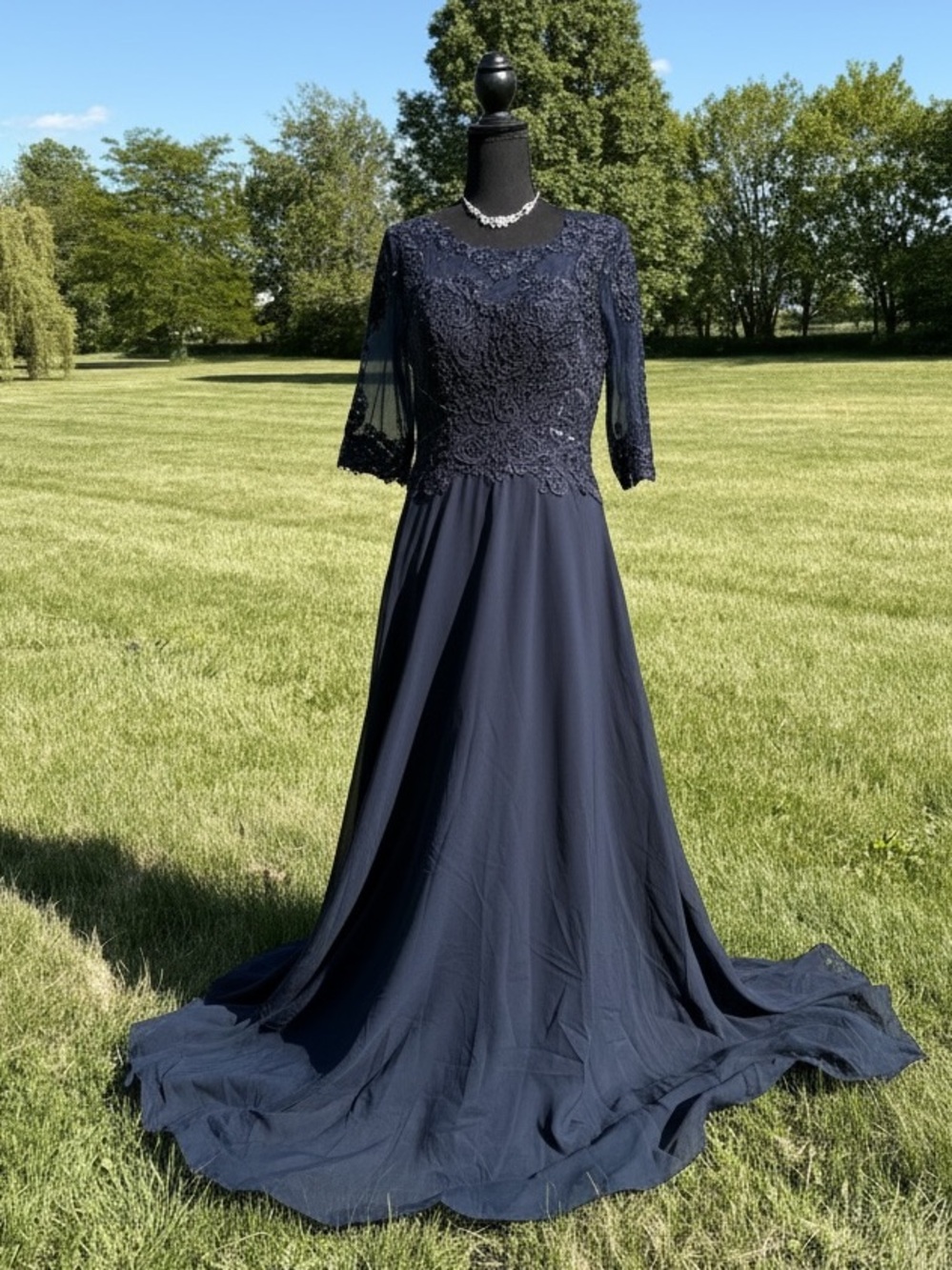 Navy Blue Lace Bodice Evening Gown Size 6